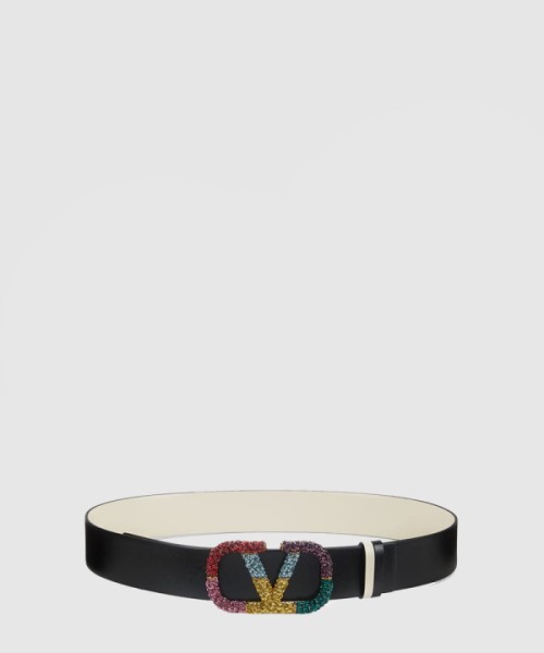 발렌티노 양면 크리스탈 장식 가죽 벨트