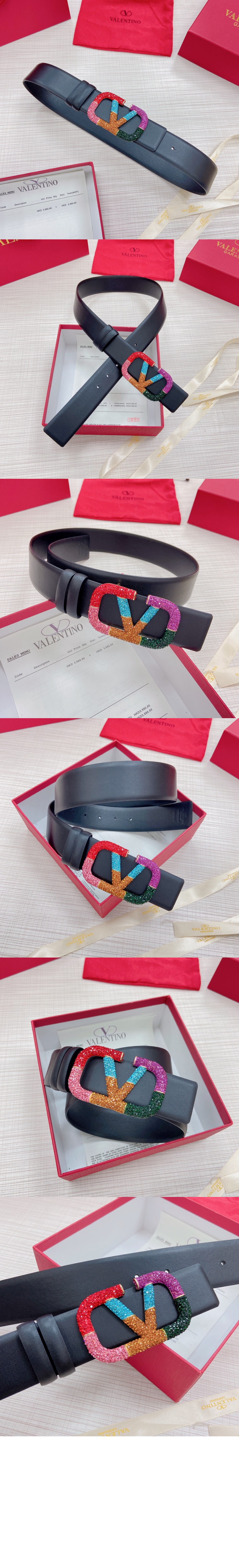 발렌티노 양면 크리스탈 장식 가죽 벨트