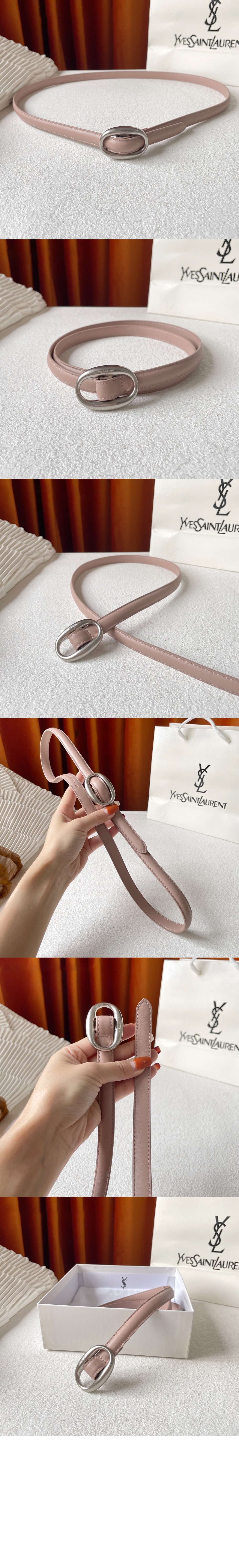 생로랑 부드러운 가죽 소재의 타원형 버클 슬림 벨트 756409