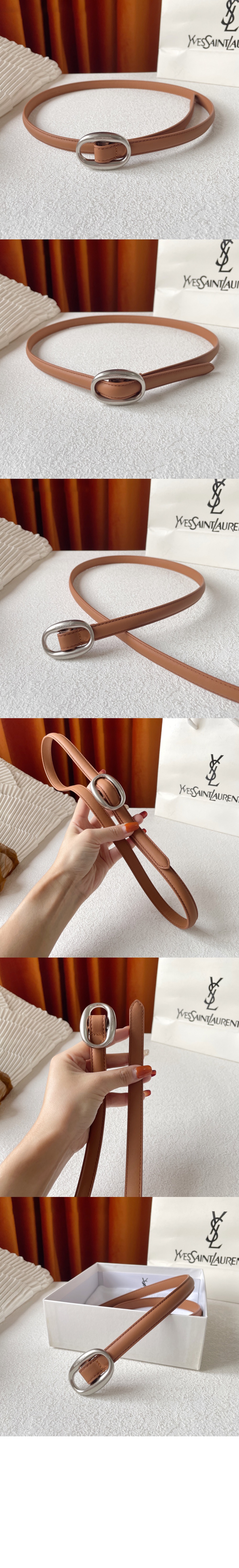 생로랑 부드러운 가죽 소재의 타원형 버클 슬림 벨트 756409