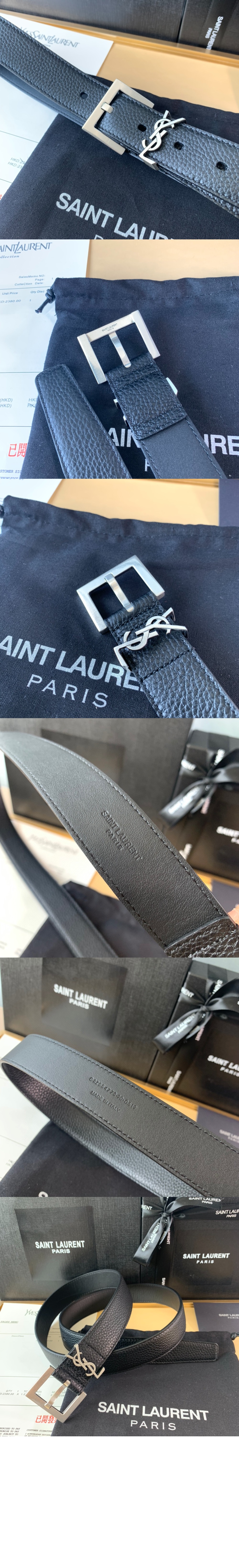 생로랑 스퀘어 버클을 장식한 그레인 가죽 소재의 벨트 634437