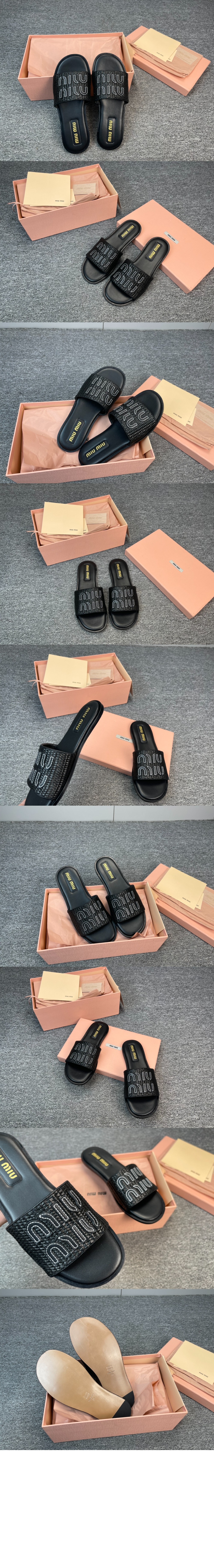 미우미우 라피아 효과 우븐 패브릭 슬라이드 5XX644