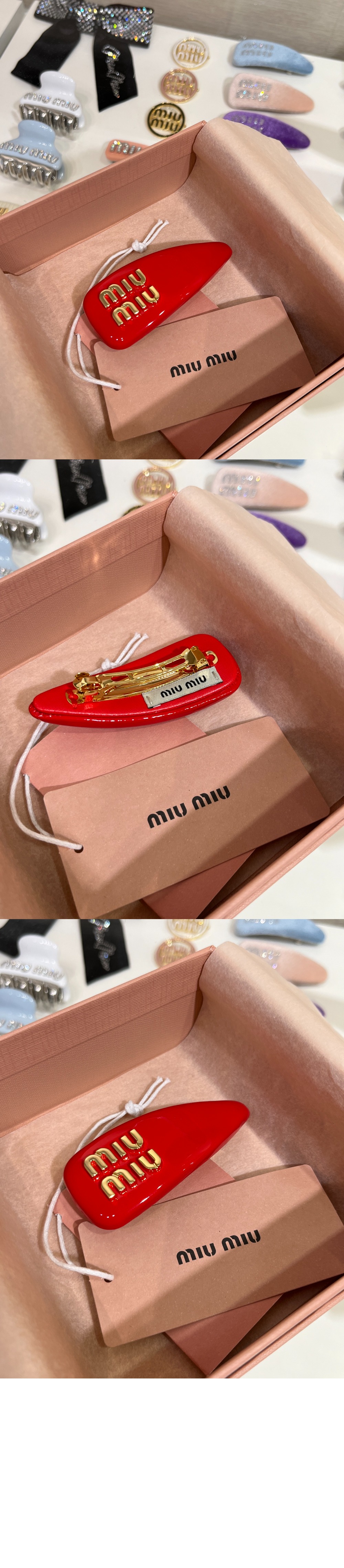 미우미우 페이턴트 가죽 헤어 클립 5IF092