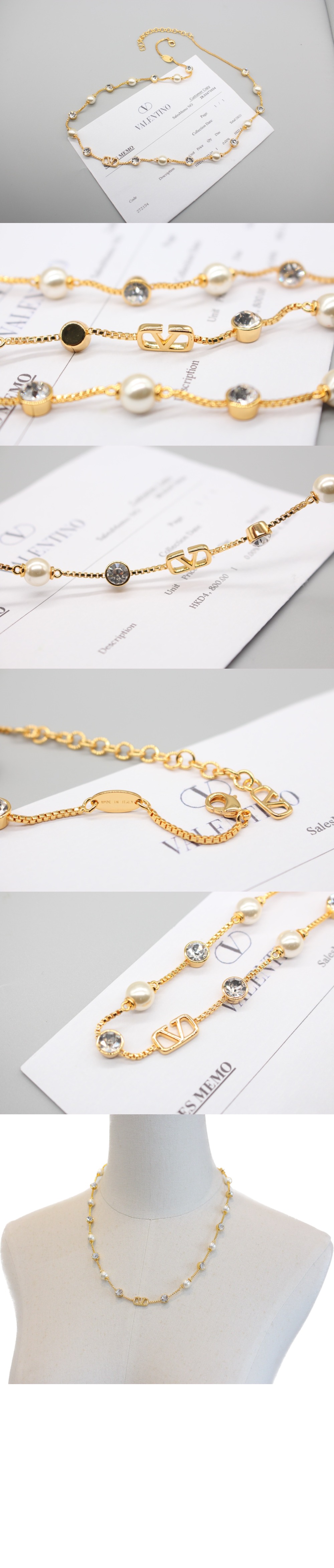 발렌티노 크리스털 장식 브이로고 시그니처 메탈 네크리스