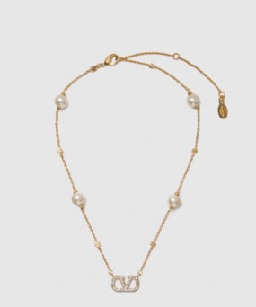 발렌티노 크리스털 및 진주 장식 브이로고 시그니처 메탈 네크리스